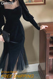 Gwmlk Mesh Velvet Black Long Dress Women Vintage Gothic Slim Party Dresses Female Winter Sexy Split Hollow Christmas Dress New