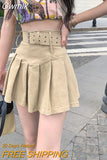 Gwmlk Korean High Waist Pleated Skirts Women Summer Khaki Black with Belt A-Line Skirt Woman All-Match Streetwear Mini Skirt