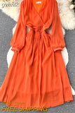 gwmlk Vintage Women Dress Elegant Orange/Red/Yellow V-Neck Lantern Sleeve High Waist Slim A-Line Vestidos Female New Fashion