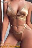 Gwmlk Khaki Sexy Lingerie Lace Patchwork Underwear with Chain Garters 3-Piece Eroric Bilizna Set Short Skin Care Kits