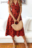 gwmlk Dress Women Vintage Dress Casual Polka Dot Print A-Line Party Dresses Sexy V-neck Short Sleeve Long Dress Fashion