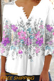 Gwmlk Floral Print Summer Blouse Women Elegant Simple Shirt V Neck Button 3/4 Length Sleeve Casual Holiday Basic Tops 27573