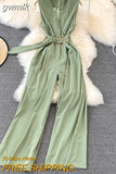 gwmlk Vintage V-Neck Sleeveless High Waist Jumpsuits Women Elegant Loose Wide Leg Romper With Sashes Female Playsuits New 2023