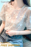 Gwmlk Embroidered Flower Blouse White Lace Chiffon Shirt Woman Short Sleeve Women 2023 Elegant Ladies Casual O Neck Tops 27012