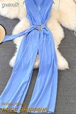 gwmlk Vintage V-Neck Sleeveless High Waist Jumpsuits Women Elegant Loose Wide Leg Romper With Sashes Female Playsuits New 2023