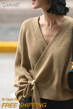 Gwmlk Women Cardigan New Fashion 2023 Autumn Sweater V-Neck Bow Sweater Solid Color Female Coat