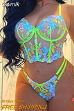 Gwmlk Luxury Lingerie Sexy Floral Embroidery Set Woman 2 Pieces Underwire Bra Thongs Exotic Intimate Neon Green Underwear