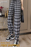 gwmlk Women New Bunch of feet Fashion Loose Black Plaid Summer Harajuku Students Streetwear Harem Long Trousers Womens Chic