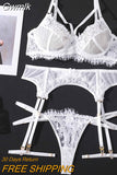 Gwmlk Lingerie Lace Erotic Underwear 4-Pieces White Sexy Lingery Women Transparent Bra Panty Set Fancy Luxury Exotic Sets