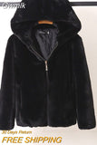 Gwmlk High Quality Faux Rabbit Fur Hooded Coat Women Black Luxury Faux Fur Jacket Female Winter Zip Thick Warm Furry Coats