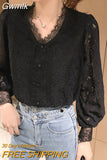 Gwmlk 4XL New Lace Blouse Women Korean Hollow Out V Neck Long Sleeve Shirt Ladies Spring Crochet Lace Solid Tops Blusa 13356