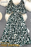 gwmlk Women Printed Long Dress Vintage V-Neck Puff Short Sleeve A-Line Slim Vestidose Female Elegant Casual Robe New Fashion