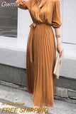 Gwmlk Spring Slim Waist Tie Ladies Pleated Single-breasted Dress Korean Style Chiffon Long Sleeve Pleated Dress for Women 12537