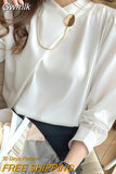 Gwmlk Women's Shirts Solid Satin Blouses for Women Chain Asymmetric Blouse Women Long Sleeve Top White O-neck Female 2023 Basic Shirt