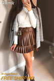 Gwmlk ZBZA Women 2023 Pu Leather Mini Skirt with Belt Women High Waist Pleated Skirts womens Casual Streetwear Party 202309