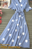 gwmlk Polka Dot Midi Dress Summer 2023 Sexy V-neck Flare Sleeve Casual Vestidos Verano Elegant Blue/White Sashes Dresses New