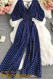 gwmlk Sexy Polka Dot Romper Women Elegant V-Neck Puff Short Sleeve High Waist Jumpsuit Female Loose Wide Leg Playsuits Fashion