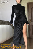 gwmlk Winter Women Solid Velvet Long Sleeve Ruched Midi Dress Side Slit Bodycon Sexy Streetwear Party Elegant Club