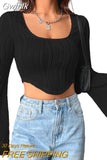 Gwmlk Long Sleeve Textured T-shirts For Women Crop Tops Scoop Neck Hanky Hem Solid Color Slim Tees y2k Clothes