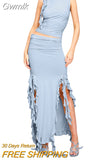 Gwmlk Piece Sets Outfits Women Crop Tops Bodycon Fungus Lace Long Skirts Suits 2023 Summer Club Beach Holiday Dresses