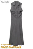 Gwmlk TRAF Women Linen Dress 2023 Summer Solid Ladies Long Midi Dress Vintage Lapel Sleeveless Button Up Streetwear