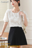 Gwmlk White Embroidered Lace Blouse Short Sleeve Woman Vintage Elegant Flowers Shirt Top Women Loose O Neck Slim Blouses 22361