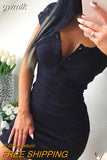 gwmlk Dress 2023 Fall Women Sexy Casual Knit Sheath Mini Dresses Ladies Solid V Neck Chest Button Short Sleeve Bodycon Dress