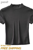 gwmlk Women High Neck Fitted Short Sleeve T-shirt Rib Crop Rib Top