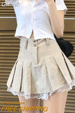 Gwmlk Summer Lace Trim Pleated Skirts Women Preppy Style Khaki High Waist Skirt Girl Teens Harajuku School Uniform Mini Skirt