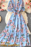 gwmlk Bohemian Floral Long Dress For Women Sexy V-Neck Short Sleeve High Waist A-Line Big Swing Vestido Casual Blue Robe 2023