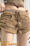 gwmlk y2k Fleece Shorts Lace Up Cute Khaki Low Waisted Fairycore Women Korean Shorts Winter Spring Outfits Party Cute Chic