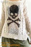 Gwmlk Skull Sweater Y2K Aesthetic Gothic Hollow Out Long Sleeve Tops Punk Style Crochet Pullover Knitwear Women Streetwear