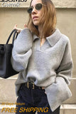 Gwmlk TRAF Women Large Turn-Down Collar Knitted Sweater Slit Cuffs Autumn Winter Ladies V-Neck Loose Knitted Sweater Tops