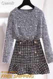 Gwmlk Suit Female Korean High Street Long-sleeve Sweater + Half Body Skirt Women Black 2pcs Set