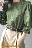 Gwmlk Summer Elegant Ruffles Blouse Hollow Out Shirt 3/4 Sleeve O-Neck Embroidery Floral Tops Female Fashion Casual Shirt