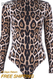 gwmlk Leopard Printed Bodycon Bodysuits 2023 Spring Women Long Sleeve Mock Neck Skinny Body Suit Shorts Jumpsuits