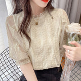 Gwmlk Summer Women Tops New Stand Collar Casual Beautiful Shirts Sweet White Lace Blouse Short Lantern Sleeve Shirt Clothes 14414