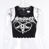 gwmlk Knitted Punk Black Tank Tops Mall Goth Grunge Goat Print Harajuku Women Crop Tops Skinny Sleeveless Streetwear