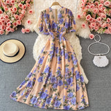 gwmlk Bohemian Floral Long Dress For Women Sexy V-Neck Short Sleeve High Waist A-Line Big Swing Vestido Casual Blue Robe 2023