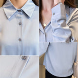 Gwmlk Fashion Silk Shirt Women Long Sleeve Shirts Women White Shirt Woman Silk Blouse Tops Casual Solid Basic Shirts Blouses