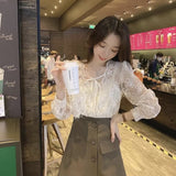 Gwmlk Lace Chiffon Blouse Women Sweet Puff Long Sleeve Lace-up Women's Shirt French Square Collar Flower Loose Top Blusas 17442