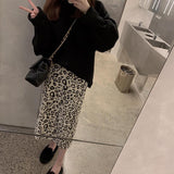 Gwmlk early spring new long slit knitted leopard skirt women high waist knitted skirt