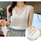 Gwmlk Tops for Women Satin Mesh Female Tank Top Sexy V-neck Woman Vest White Basic 2023 Ladies Tops Sleeveless Women Clothing