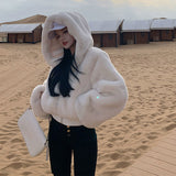 Gwmlk Quality Furry Cropped Faux Fur Coats and Jackets Women Fluffy Top Coat with Hooded Winter Fur Jacket manteau femme