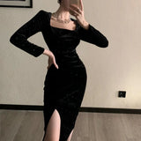 Gwmlk Velvet Long Dress Women Elegant Vintage Square Collar Long Sleeve Dress Korean Sexy Casual Evening Party Dress 2023 Autumn