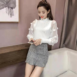 Gwmlk Korean Chic Floral Ruched Pullover Women Fashion Patchwork Mesh Long Sleeve Blouses Femme Knitted Streetwear Tops Woman