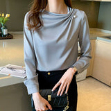 Gwmlk Women Blouses Chiffon Shirts Women Beading Blouse Tops Woman Long Sleeve Shirt Woman Pleated Shirts Pullover Ladies Tops