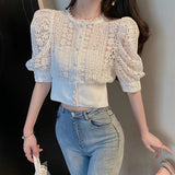 Gwmlk Blouse Women Korean Hollow Out Lace White Women Shirt 2023 New Short Sleeve Button Loose Shirts Solid Female Tops 13607