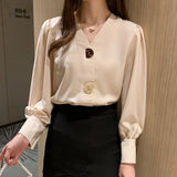 Gwmlk Lady Autumn Solid Women Blouses All-match Korean Tops V-neck Lantern Long Sleeve Clothes with Button Woman Shirt 10567