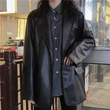 Gwmlk Black Leather Moto Jacket Vintage Warm Female Loose Leather Suit Blazers Streetwear Fashion Women's Winter Coat 2023 New